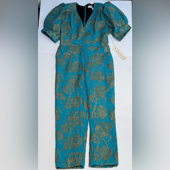 NWT Happy x Nature by Kate Hudson Teal & Gold Brocade Puff Sleeve Jumpsuit - Picture 13 of 15